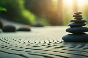 a stack of stones on a wooden surface. AI-Generated photo