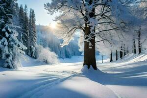 un Nevado bosque con arboles y nieve. generado por ai foto