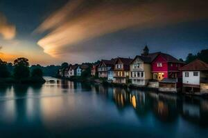 un río a puesta de sol con casas en cualquiera lado. generado por ai foto