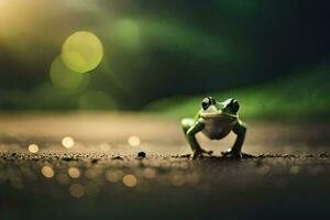 a frog is standing on the ground in front of a blurry background. AI-Generated photo