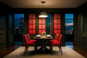 a dining room with red chairs and a table. AI-Generated photo