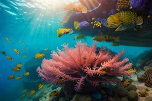 the sun shines over a coral reef with colorful fish. AI-Generated photo