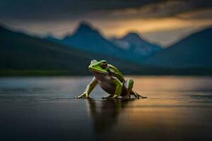 a frog sitting on the edge of a lake at sunset. AI-Generated photo