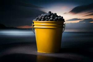 a bucket of blueberries on the beach. AI-Generated photo