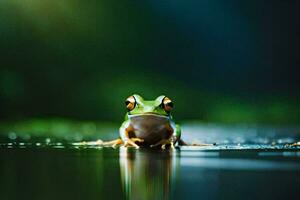 a frog sitting on the ground in the water. AI-Generated photo