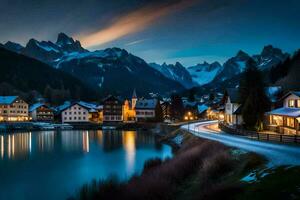 un lago y montaña pueblo a noche. generado por ai foto