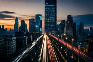 un ciudad horizonte a oscuridad con tráfico luces. generado por ai foto