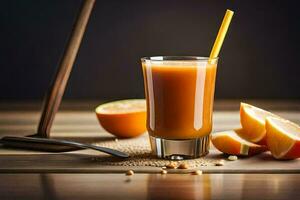 a glass of orange juice with a straw. AI-Generated photo