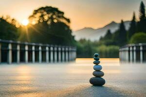 a stack of stones is sitting on the ground in front of a lake. AI-Generated photo