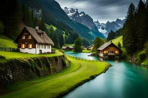 photo wallpaper mountains, the sky, water, river, house, lake, mountains, house,. AI-Generated