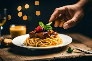a hand is holding a plate of spaghetti with meat and strawberries. AI-Generated photo