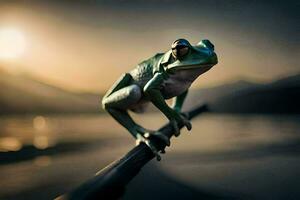 a frog sitting on a branch in front of the sun. AI-Generated photo