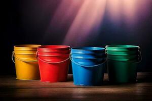 four colorful buckets on a wooden table. AI-Generated photo