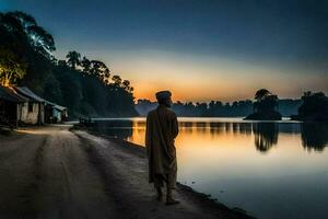 a man stands on the shore of a lake at sunset. AI-Generated photo