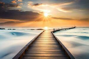 a wooden boardwalk leads to the ocean at sunset. AI-Generated photo