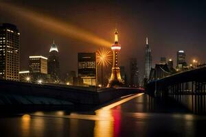 the city skyline at night with the tower of pengtai in the background. AI-Generated photo