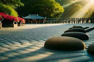 the sun shines through the trees and rocks in a japanese garden. AI-Generated photo