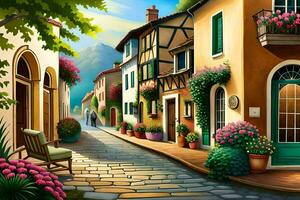 an illustration of a street in a village. AI-Generated photo