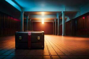 a suitcase sitting in the middle of a hallway. AI-Generated photo