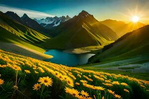 the sun rises over the mountains and flowers in the foreground. AI-Generated photo