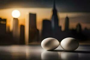 two eggs on a table in front of a city skyline. AI-Generated photo