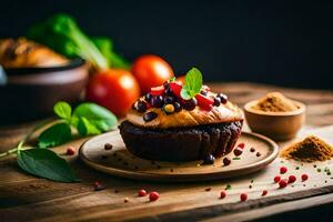 a cupcake with toppings on a wooden plate. AI-Generated photo