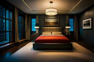 un dormitorio con un cama y un lámpara en el pared. generado por ai foto