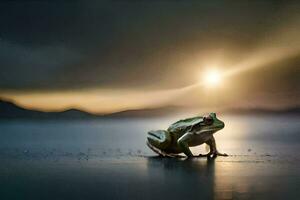 a frog sitting on the ground in front of the sun. AI-Generated photo
