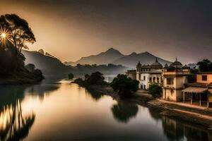 the sun rises over a river in india. AI-Generated photo