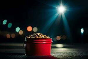 a bucket of nuts on the road at night. AI-Generated photo