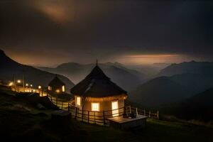 a hut on top of a mountain with a dark sky. AI-Generated photo