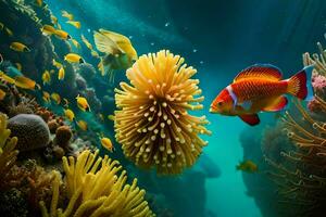 un naranja payaso pescado nada en el Oceano con anémonas generado por ai foto