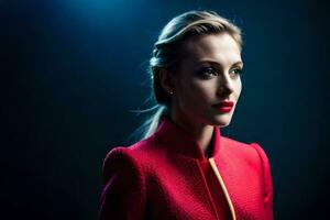 a beautiful blonde woman in a red suit. AI-Generated photo