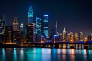 the city skyline at night with lights reflecting off the water. AI-Generated photo