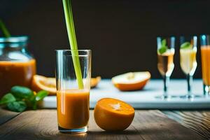 un vaso de naranja jugo con un Paja y un naranja. generado por ai foto