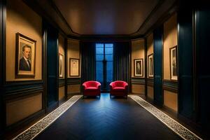 two red chairs in a hallway with blue walls and framed pictures. AI-Generated photo