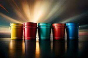 five colorful buckets on a dark background. AI-Generated photo