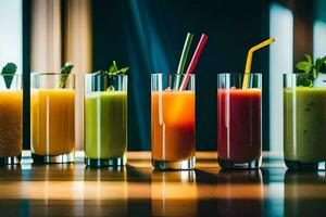 a row of different colored drinks in glasses. AI-Generated photo