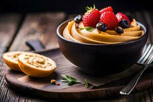 a bowl of yogurt with berries and a spoon on a wooden table. AI-Generated photo