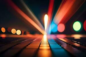 un borroso imagen de un teclado con luces. generado por ai foto