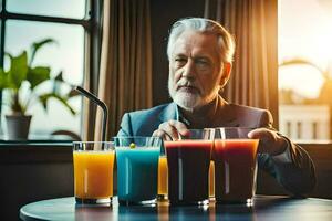 an older man sitting at a table with several different colored drinks. AI-Generated photo