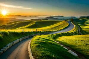 the sun rises over a winding road in the middle of a green field. AI-Generated photo