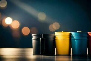 a row of colorful plastic cups on a table. AI-Generated photo