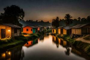 a river runs through a village at night. AI-Generated photo