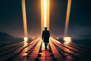 a man in a hat walks along a path with lights. AI-Generated photo