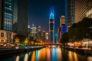 the chicago skyline at night with the river and buildings. AI-Generated photo