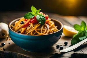 spaghetti with tomatoes, basil and mint leaves in a blue bowl. AI-Generated photo