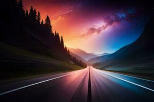 un la carretera con un brillante cielo y montañas en el antecedentes. generado por ai foto