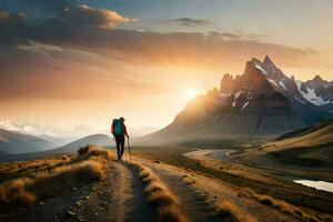 un hombre con mochila caminando en un la carretera en el montañas. generado por ai foto