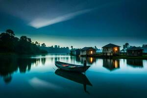 a boat sits on the water at night with a house in the background. AI-Generated photo